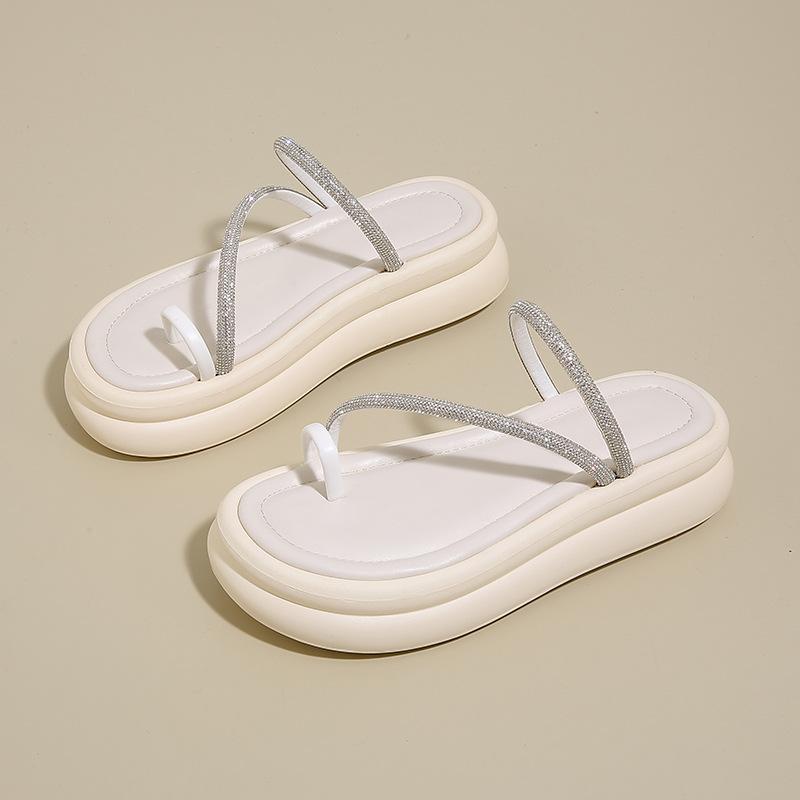 TEH3810 new French toe slope heel thick-soled slippers women's 2025 summer outer wear holiday style beige sandals