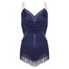 Womens Dance Leotard Ruched Mesh Drapes Glittery Rhinestones Adjustable Straps Cutout Fringe Bodysuit Performance Wear
