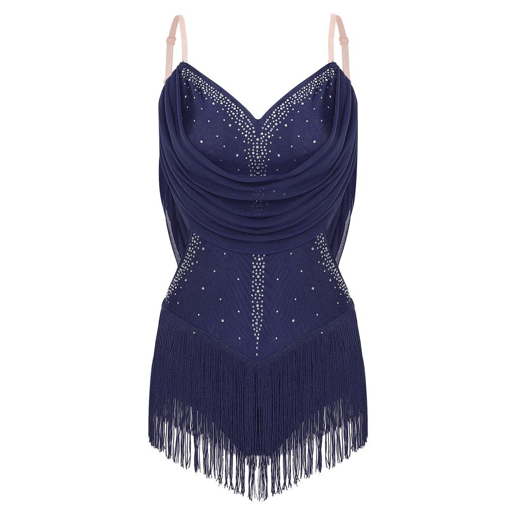 Womens Dance Leotard Ruched Mesh Drapes Glittery Rhinestones Adjustable Straps Cutout Fringe Bodysuit Performance Wear