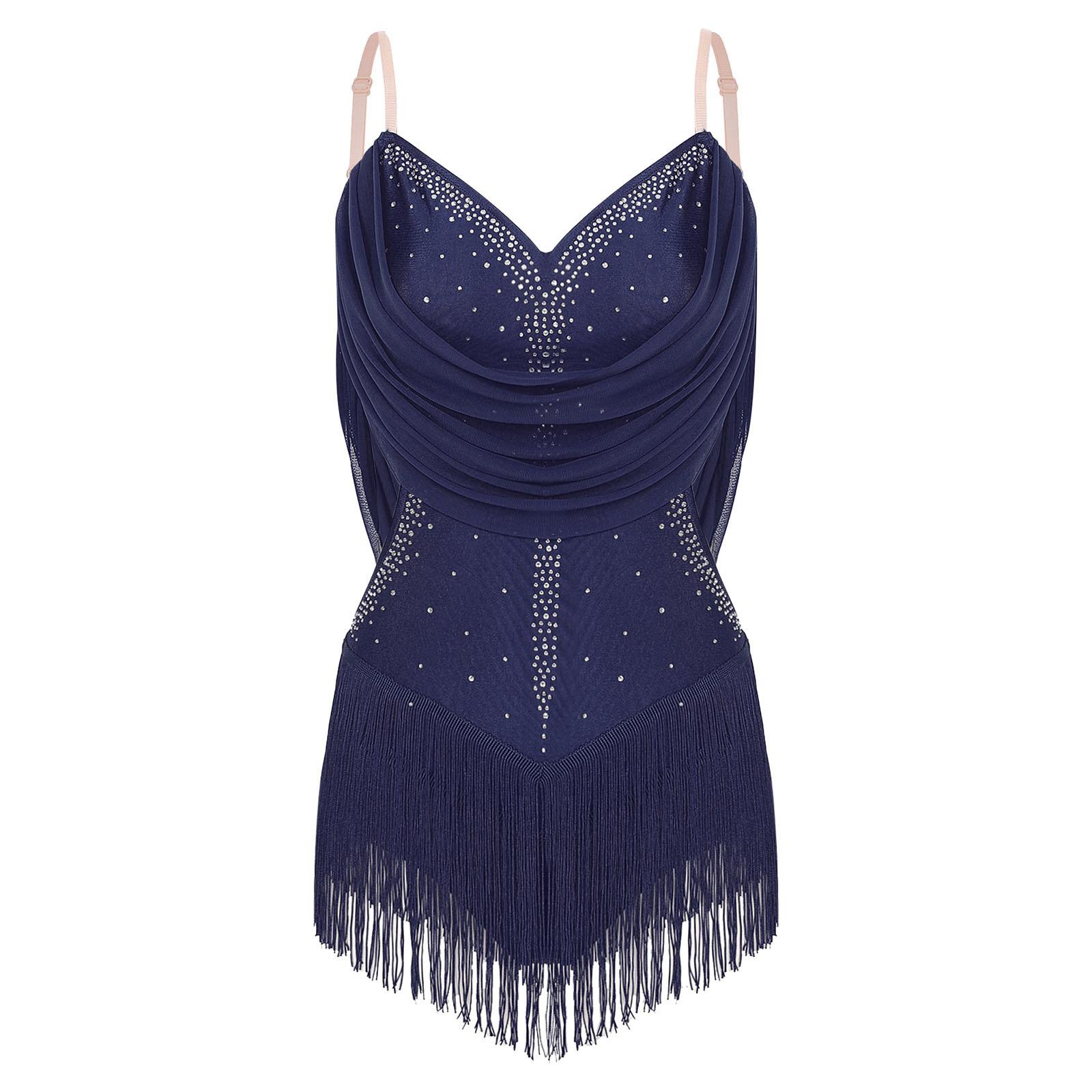 

Жіночий танцювальний купальник з драпіруванням з сітки, блискучими стразами, регульованими бретелями, вирізом та бахромою, боді для виступів L темно-синього кольору