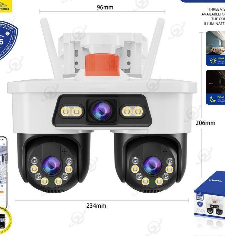 Dual-lens Surveillance with IP66 Protection Rating, Featuring Wide-angle Monitoring and Control Via Mobile Devices.