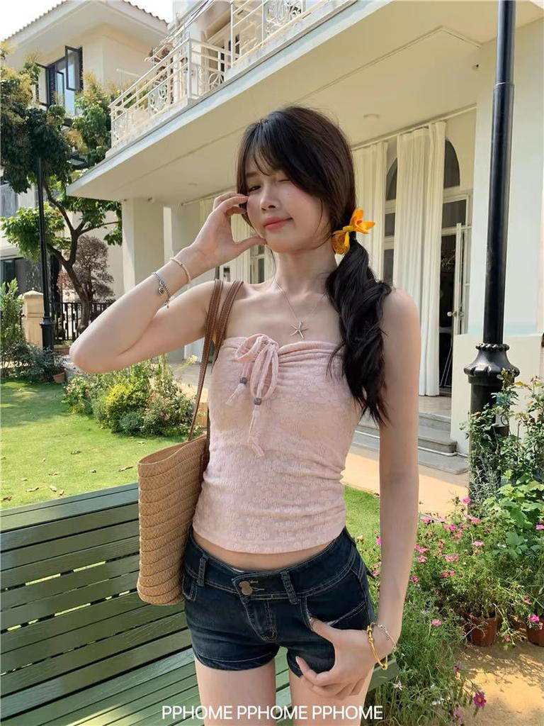#Summer New Multi-wear Neck Hanging or One-word Circumference Floral Tube Top Design Integrated with Chest Pad Comfortable