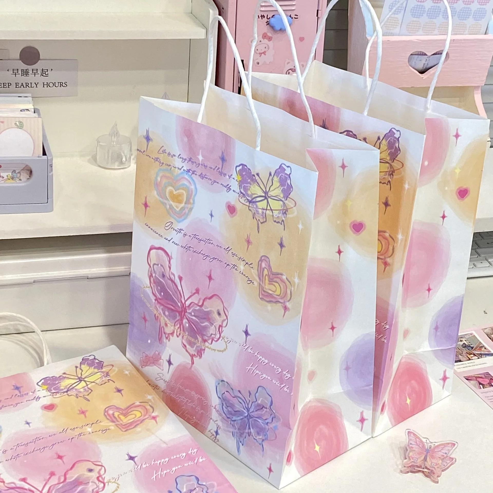 2 шт Ins Милая эстетическая сумка-тоут из крафт-бумаги с изображением бабочек мечты Kawaii для девочек сумка для покупок школьная портативная сумка для репетиторства 568₽