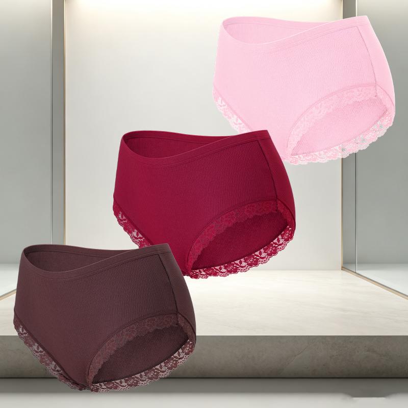 FINETOO 3Pcs/Set Women's Cotton Patchwork Lace Underwear Solid Color High Rise Ribbed Underpants Soft Breathable Panties Female Lingerie