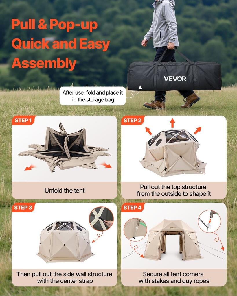 Tenda Gazebo Pop-up com Tela, 3,6x3,6 m, Tenda de Dossel de Acampamento Esférica de 13 Lados com Teto Removível e Bolsa de Transporte, Montagem Rápida e à Prova de Mosquitos, Casa de Tela Sol