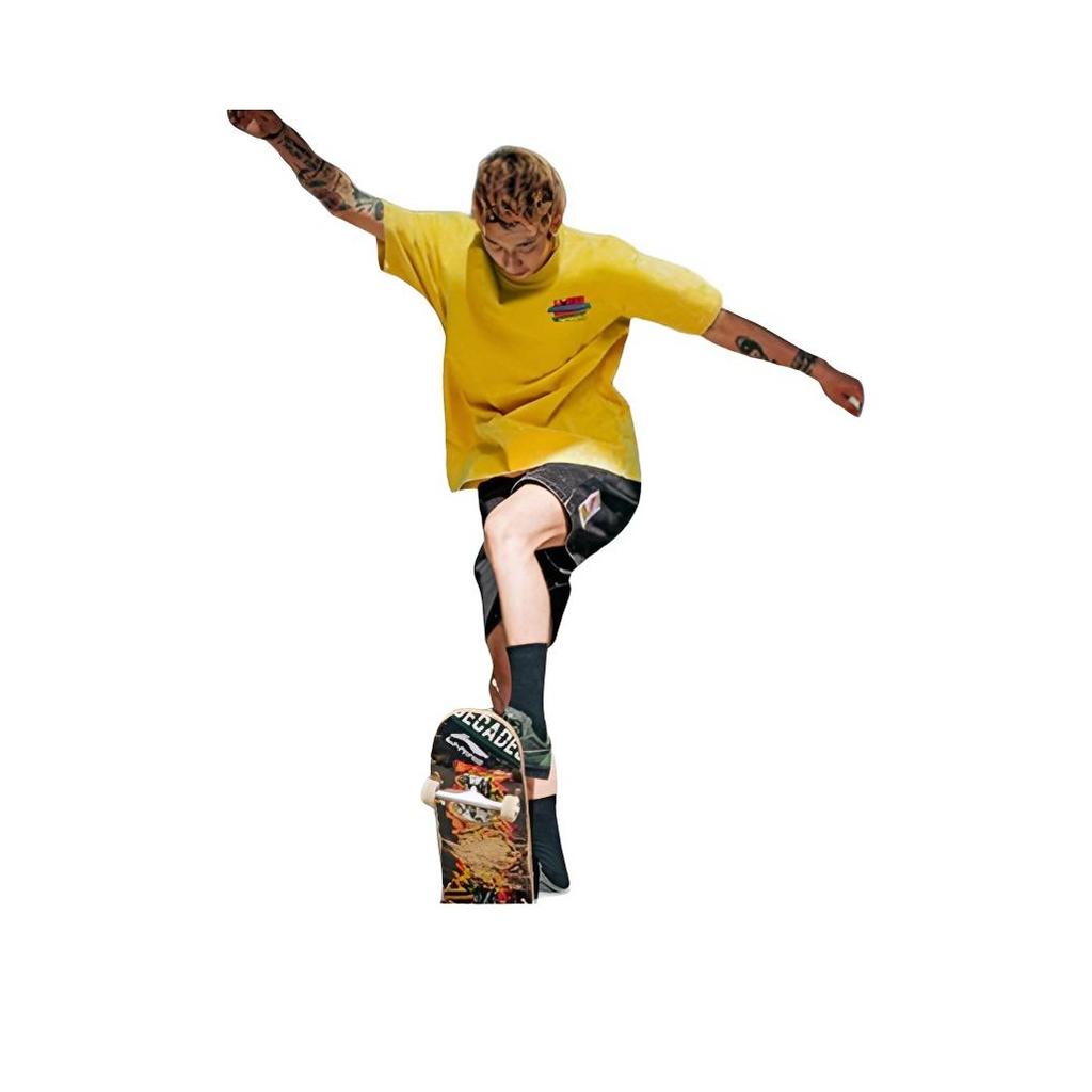 Li-Ning Skateboard Series Cartoon Print Round Neck Letter Loose Short Sleeve T-Shirt Unisex Tops Citrus-Yellow AHSSB93-2