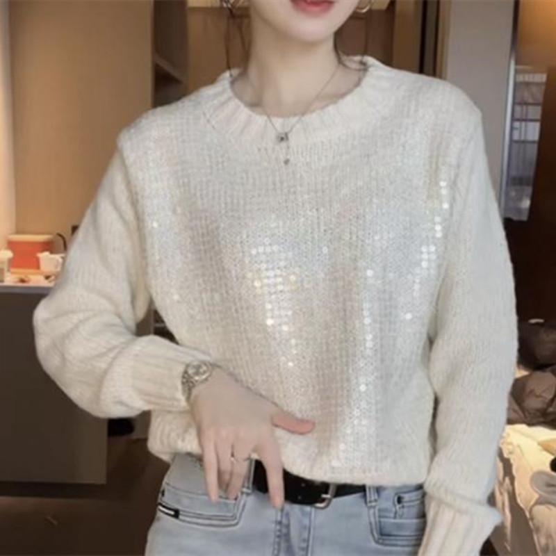 

Весенний трикотажный топ с круглым вырезом и пайетками из страз, женский базовый слой, премиальный свитер, блузка с длинным рукавом One Size