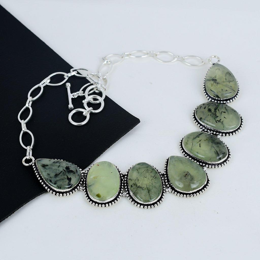 Wunderschöne Prehnit Edelstein Handgefertigte 925 Sterling Silber Halskette, Prehnit Silber Halskette für Ehefrau, Unisex Halskette, Weihnachtsgeschenk