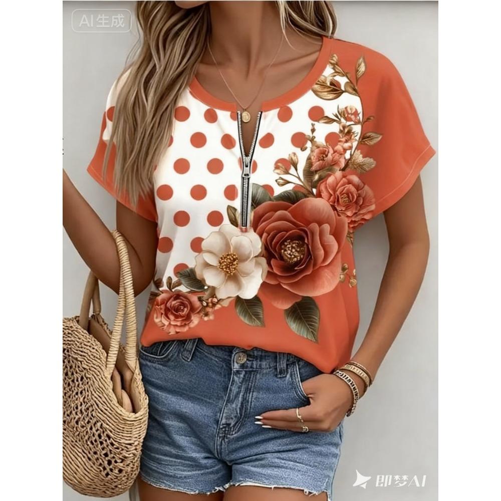 

Summer Women s Short Sleeved T-shirt Fashionable and Elegant Zipper V-neck Color Blocked Printed T-shirt Large Size L