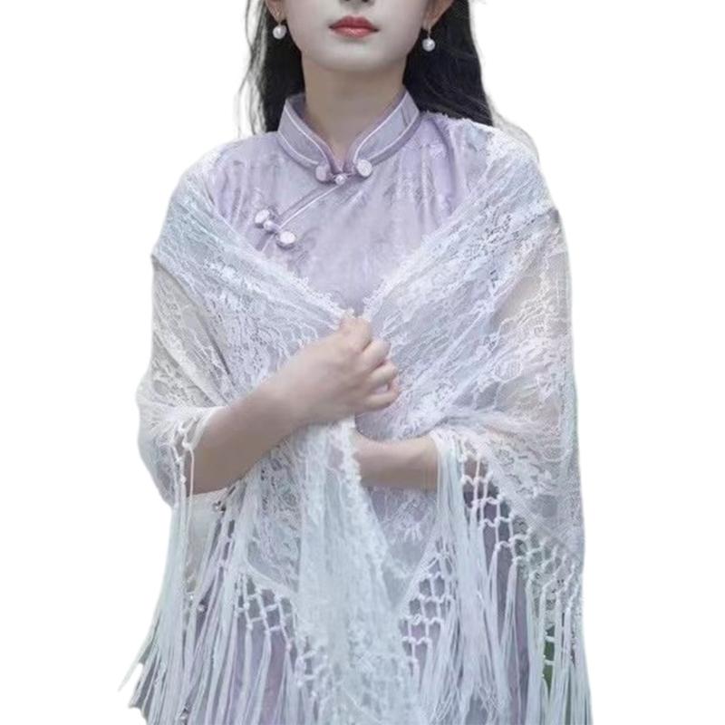 

Evening Shawl With Long Tassels Multiuse Lace Flower Scarf Shoulder Wrap For Weddings Parties And Traditional Dresses білий