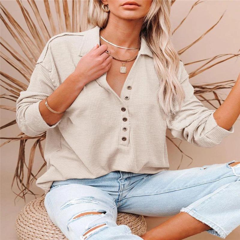 JPNTKY Women's Fashion Casual Solid Color Print Long Sleeve POLO Neck Blouses & Shirts