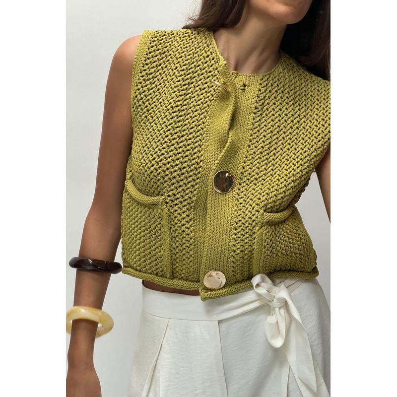 Spring New Women's Vest Loose and Idle Thick Needle Sleeveless V-neck Short Knitted Cardigan Top 5802112