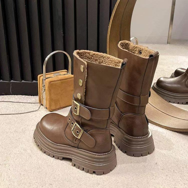British Style Thickened Martin Boots Women's 2025 New Winter Cotton Boots Retro Two-wear Medium Boots Thick-soled Velvet Short Boots