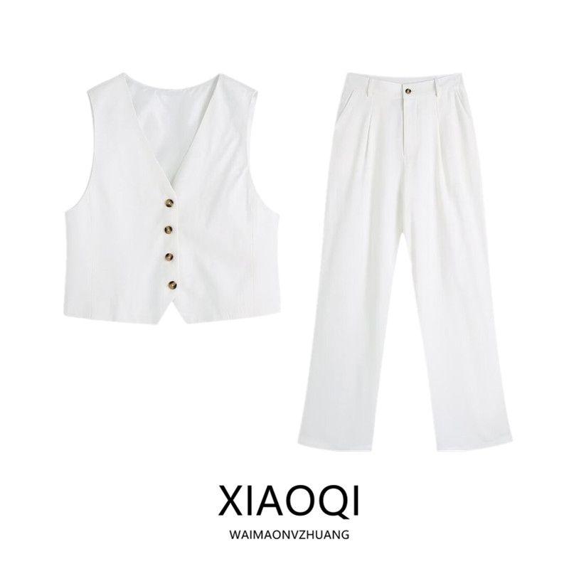 Fashion Wind White V-neck Short Vest Pants Linen
