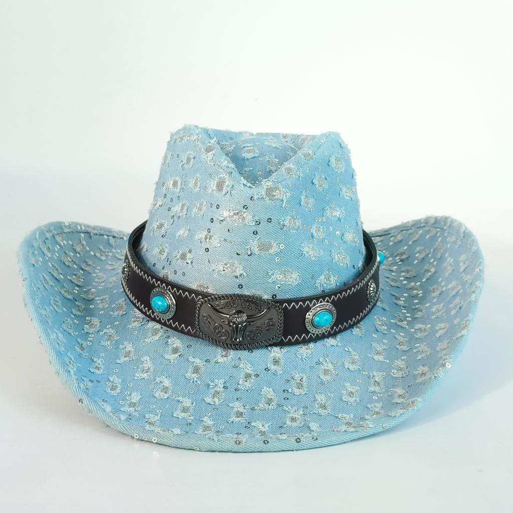 Vintage Denim Cowboy Hat For Men Women Cowgirl Hat Belt Hand-Torn Tassels Jazz Cowboy Hatfedora Hat Cloche Church Sombrero