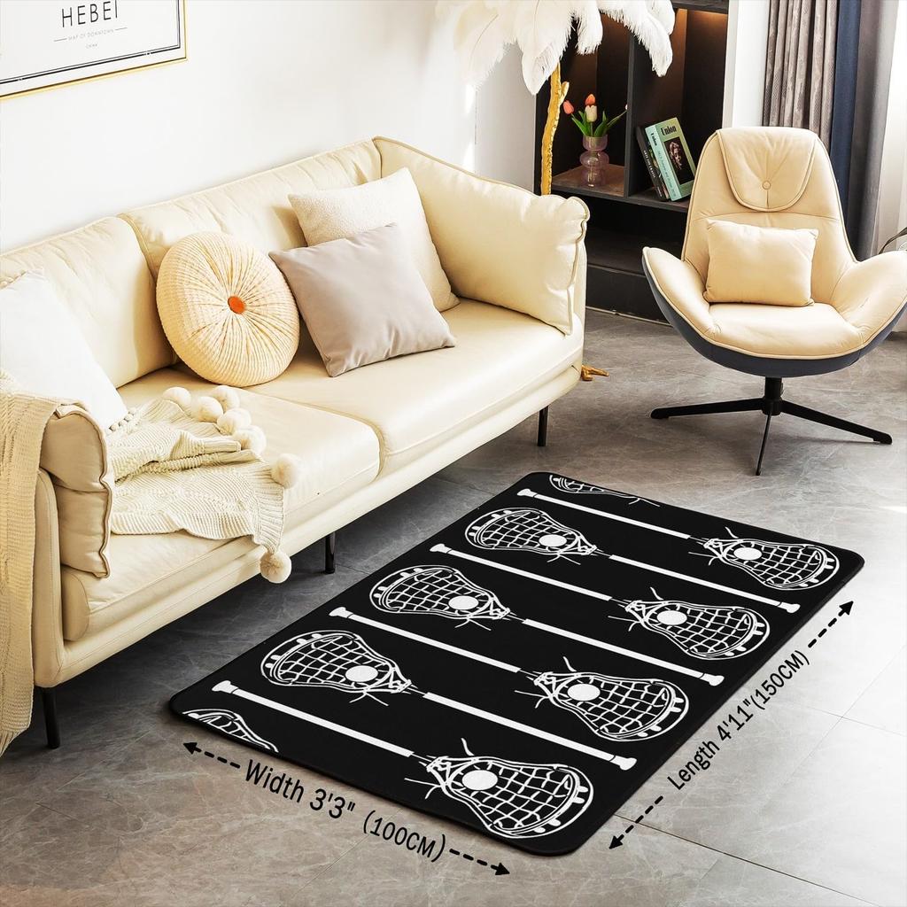 Erosebridal Lacrosse Area Rug 4'11" X 3'3", Lacrosse Sports Games Non Shedding Living Room Rugs For Kids Boys Girls, Black White Lacrosse De