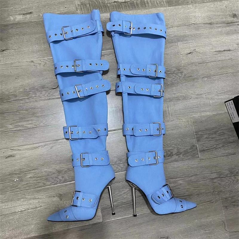 Fashion New Women Denim Metal Rivet Buckle Sandals Women Sexy Punk Style Pointed Hollow Metal 11cm High Heel Knee High Boots Size34-43