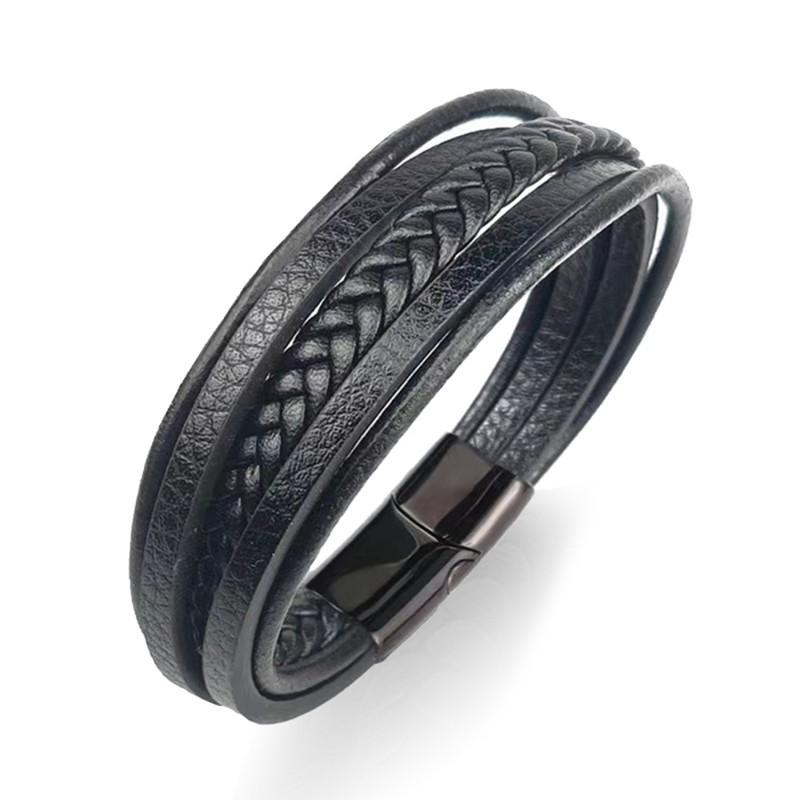 Minimalist Stainless Steel Leather Braided Bracelet Men Women Couple Geometric Layered Wristband Fashion Accessory