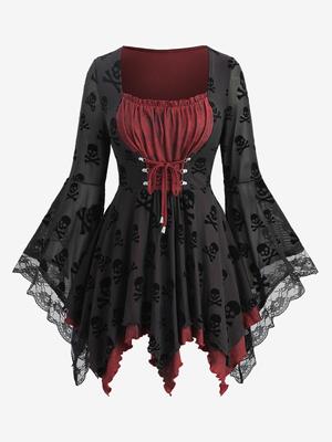 Top asimétrico Rosegal de talla grande con volantes, encaje floral fruncido, malla flocada y calaveras, mangas acampanadas y cordones