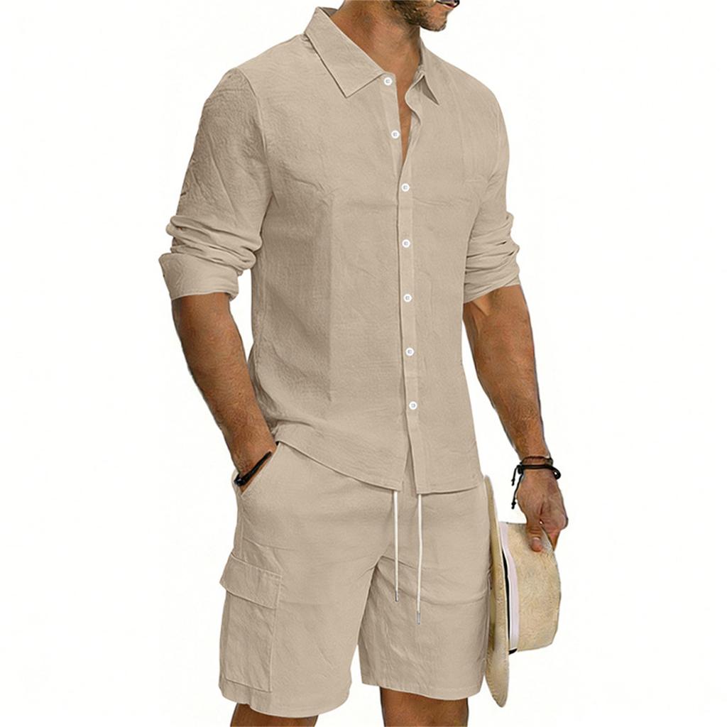 Men's Casual Long-sleeved Tooling Shirt Shorts Set