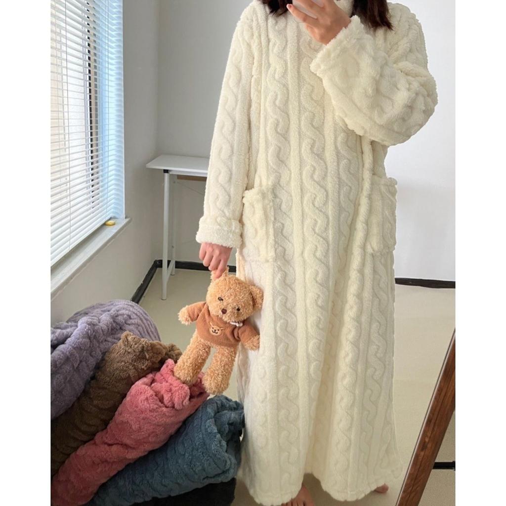 Plus Velvet Thickened Flannel Doll Collar Pajamas Women's Autumn and Winter Cute and Sweet Coral Fleece Home Service Suit Can Be Worn Outside