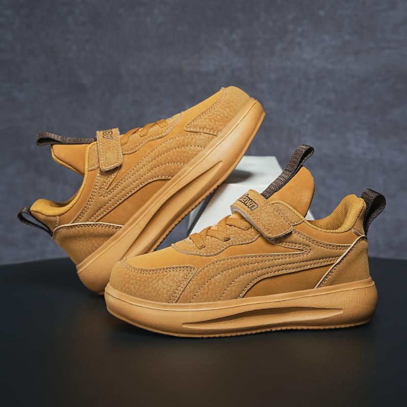 Boys' Lightweight Sneakers 24 Years Autumn and Winter Velcro Leather Waterproof Middle School and Older Children's Students White Shoes Running Shoes