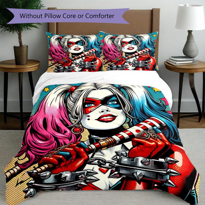 3pcs Duvet Cover Set (1*Duvet Cover + 2*Pillowcase, Without Core), Harley Quinn Joker Print Bedding Set, Bedroom Decor, All‑Season, Birthday Gift