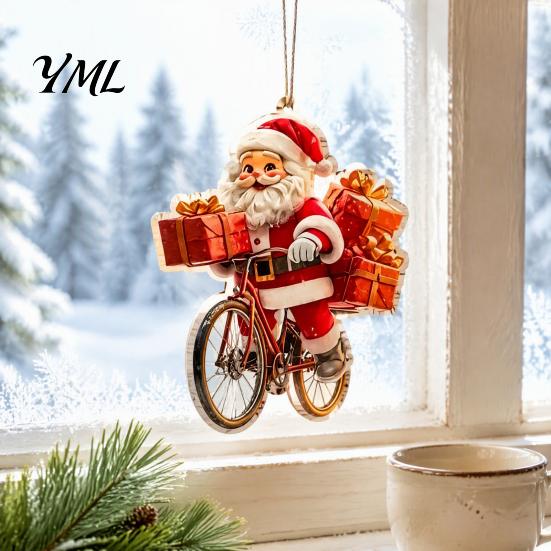 Christmas Tree Hanging Accessories 8/16/24/32Pcs 2D Flat Wooden Ornaments, Santa Claus Riding Bicycle Xmas Door And Window Decorations Decor, Pendant