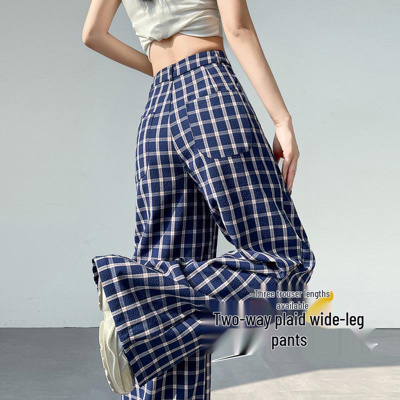 Women's Blue Plaid High-Waist Wide-Leg Summer Pants: New 2026 Fashion, Casual, Floor-Length Drape Design.
