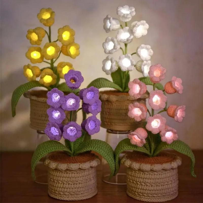 Lily of The Valley Crochet Flowers Artificial Potted Flower with Night Lights Cordless Table Lamp Ornament Desk Home Decorations