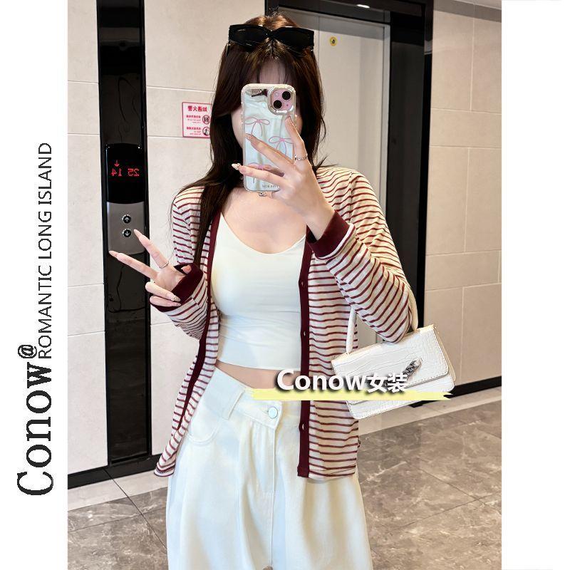 Summer New Casual Sun Protection Blouse Women s Button Cardigan Striped Fashion Slim V-neck Slightly Translucent Coat S красный