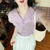 Summer Women Lavender Embroidered Peter Pan Collar Short Sleeve Button