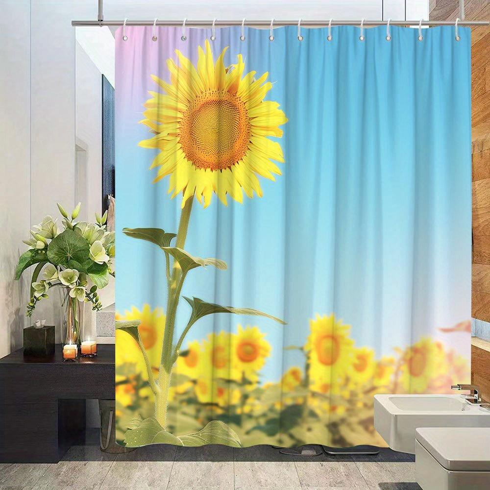 1pc Sunflower Shower Curtain Pattern Bright Sunshine Floral Landscape Bathroom Decoration Polyester Fabric Contains 12 Hooks