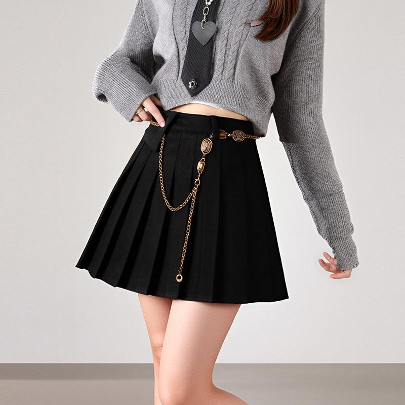 2025 Slimming Woolen Pleated Half Skirt with Waist Chain
