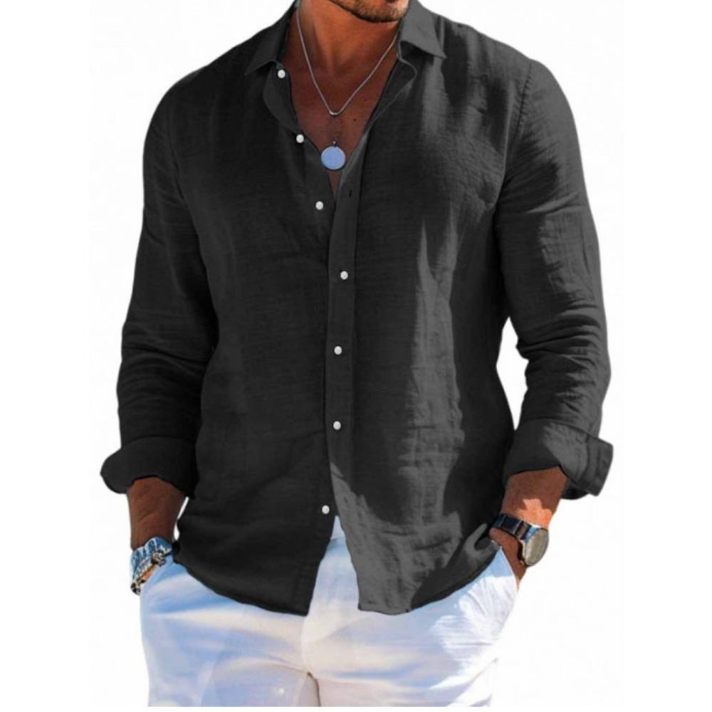 Chemise en lin pour homme avec col, Chemise de plage à manches longues