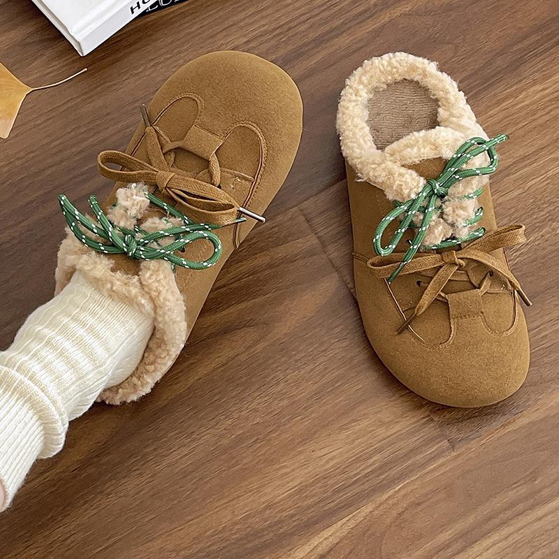 Fashion Aphixta Cow Suede Brown Slipper Furry Warm Women Mule Outside Plush Shoes Colorful Lace Up Slides Chaussures Femme Zapatos Mujer