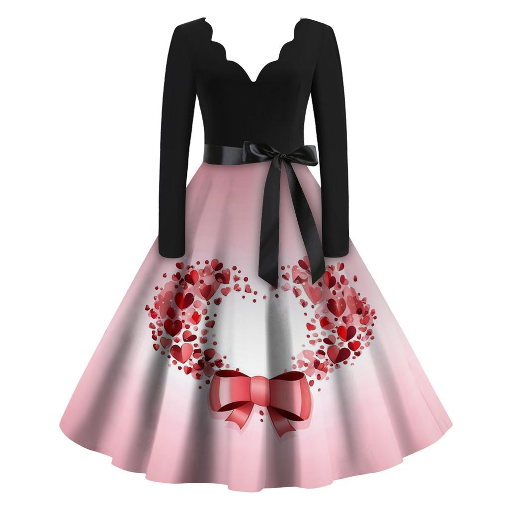 Damen Casual Mode Valentinstag Bedrucktes V-Ausschnitt Retro Langarmkleid