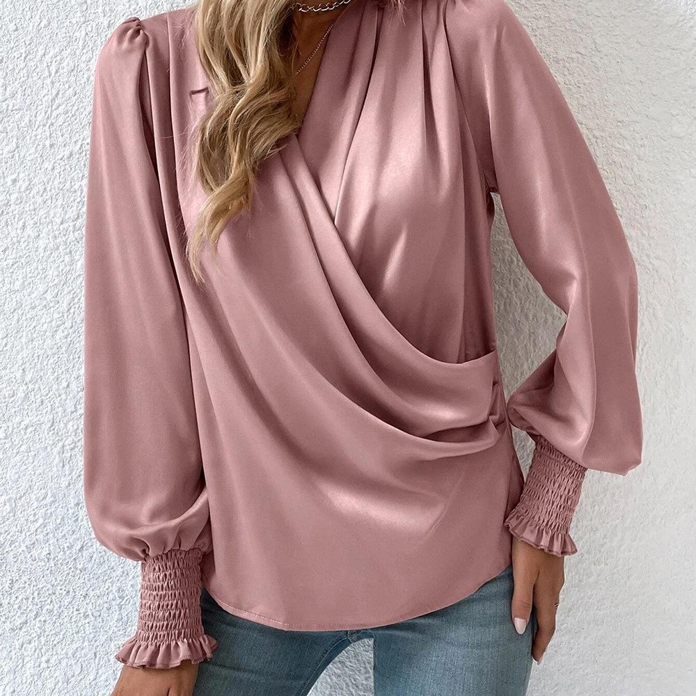 Elegant Women's V-Neck Lantern Sleeve Solid Color Shirt