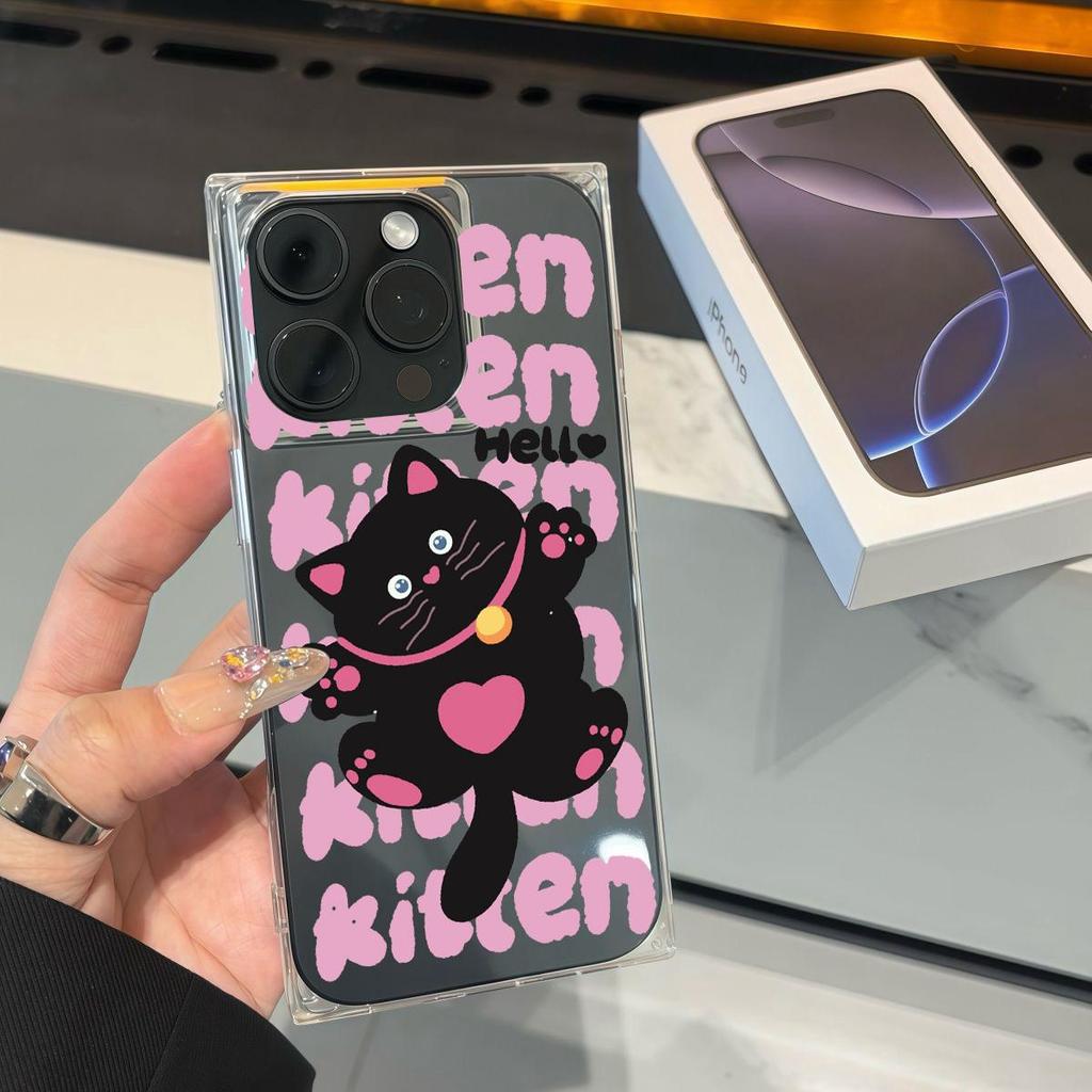 Transparente Quadratische Rückseite Röhrenhülle Schutz für iPhone 14 Pro Max 12 13 16 ProMax 11 15 Plus Anti-Sauerstoff, Muster 'Schwarze Katze Grüße'