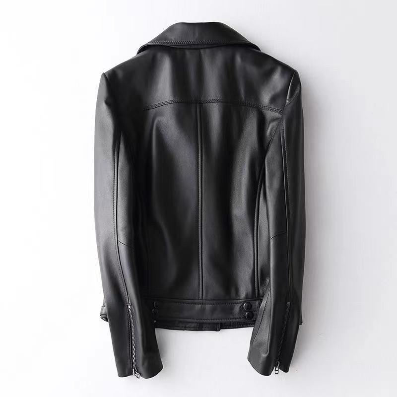 Women's Genuine Sheepskin Slim Motorcycle Leather Jacket with Suit Collar (Spring/Autumn 2026)