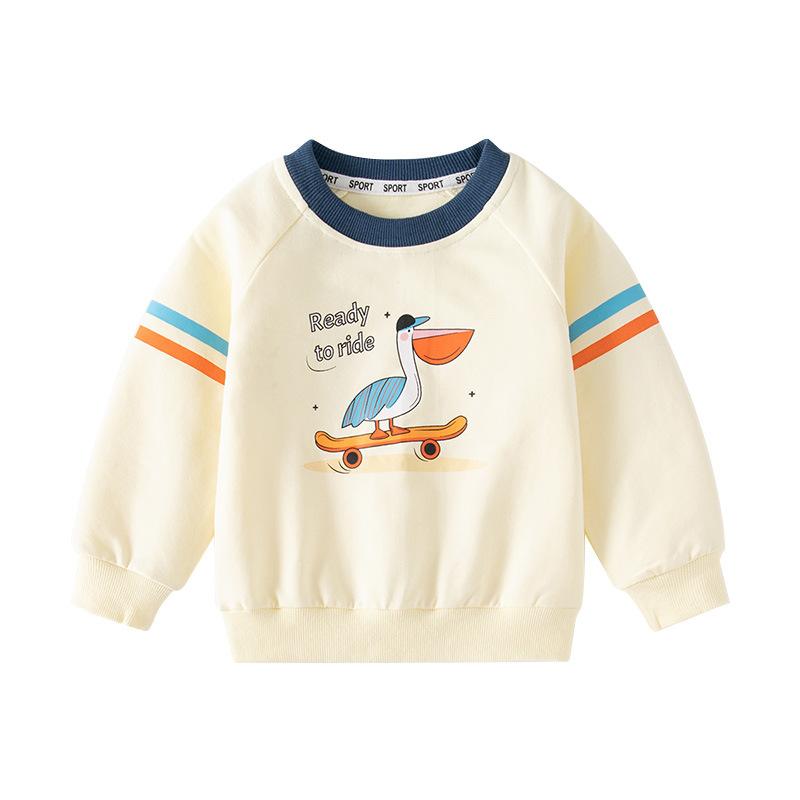 Spring boys beige crew neck jumper, cartoon big bill bird casual sweater, comfortable travel children's sweater