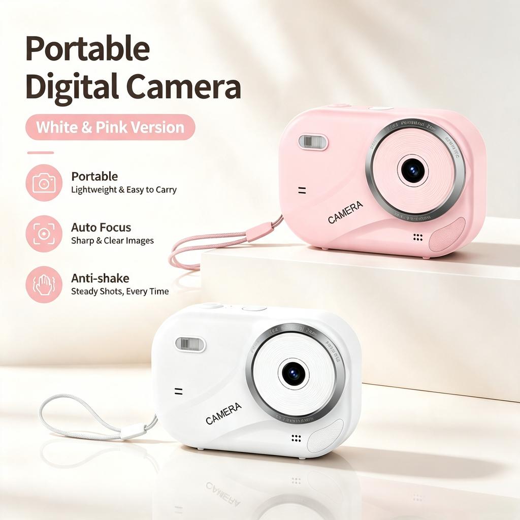 2K Pink Portable Digital Camera, Point‑and‑Shoot Camera with Autofocus, Image Stabilization, 2.4‑Inch Color Screen