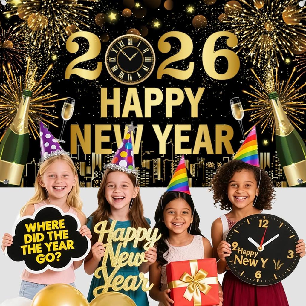 2026 Happy New Year Banner 5.9×3.6Ft Black and Gold 2026 New Year Backdrop for Eve Party Decorations Supplies Large Photo Backdrop Wall Decorations