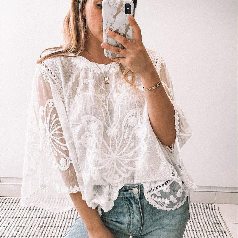 Ladies Summer batwing Sleeve Solid Color Lace White Shirt Top