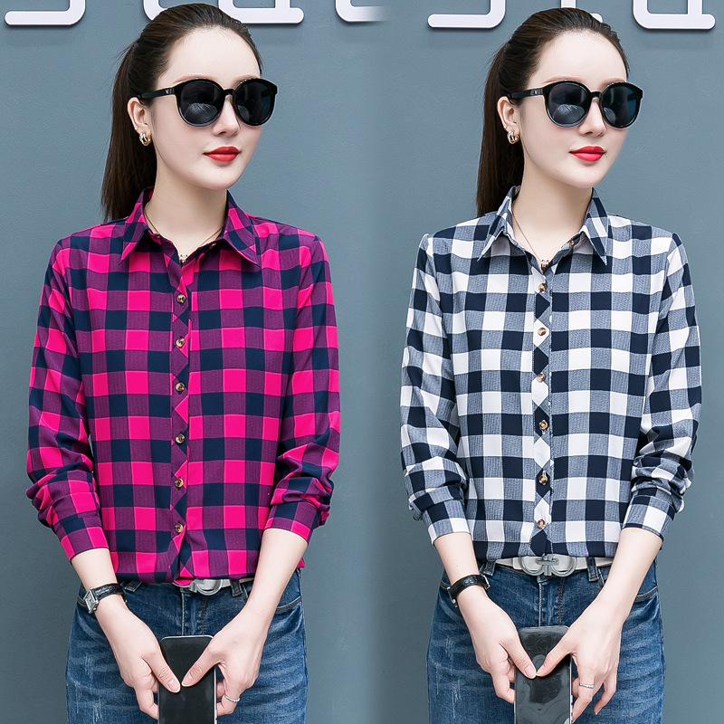Geruit Overhemd Dames Honderd Dames Tops Los Retro Hong Kong Smaak Lange Mouw Overhemd