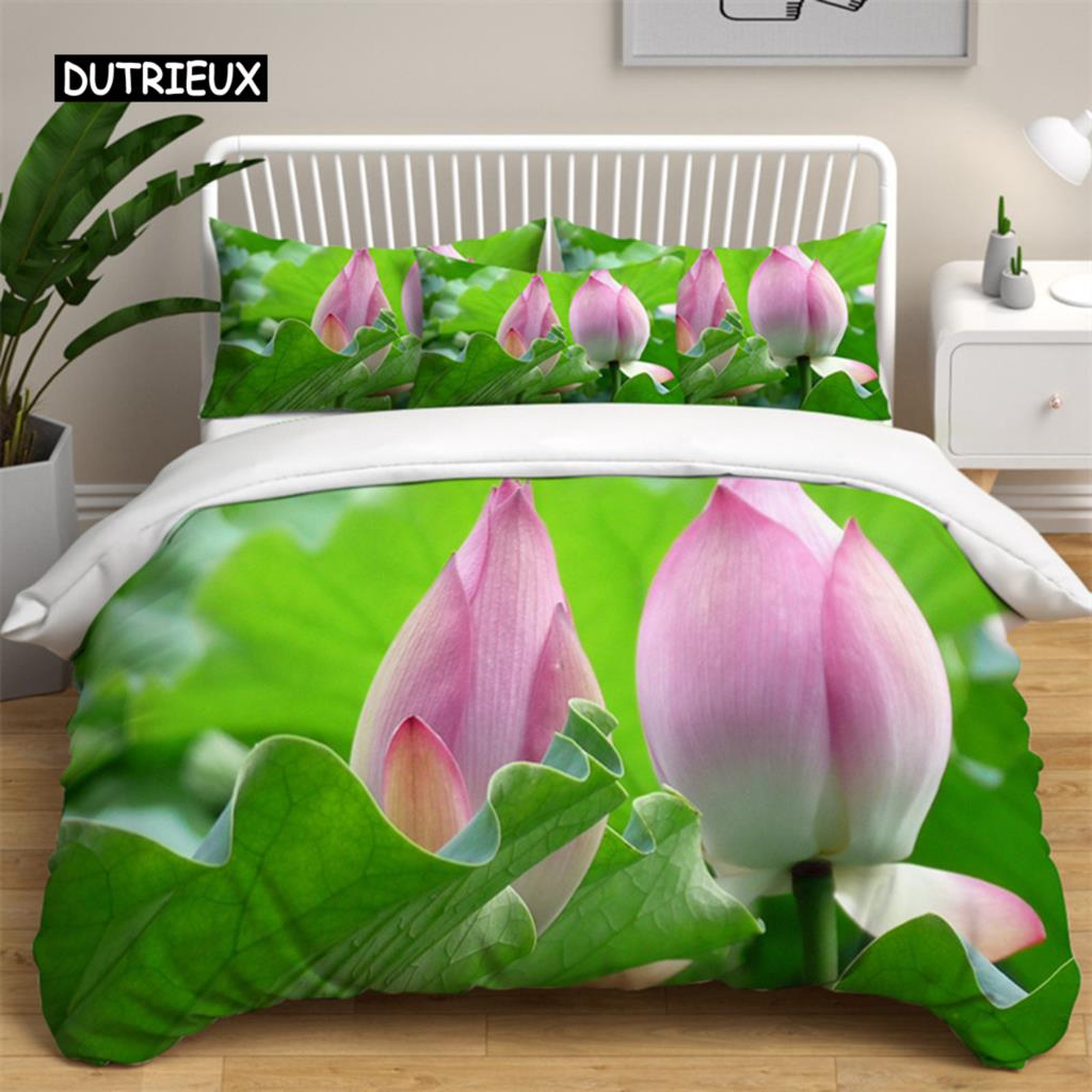 Lotus Floral Duvet Cover King Microfiber Water Hibiscus Bedding Set Flower Leaves Quilt Cover Nature Art Theme Bedspread Cover