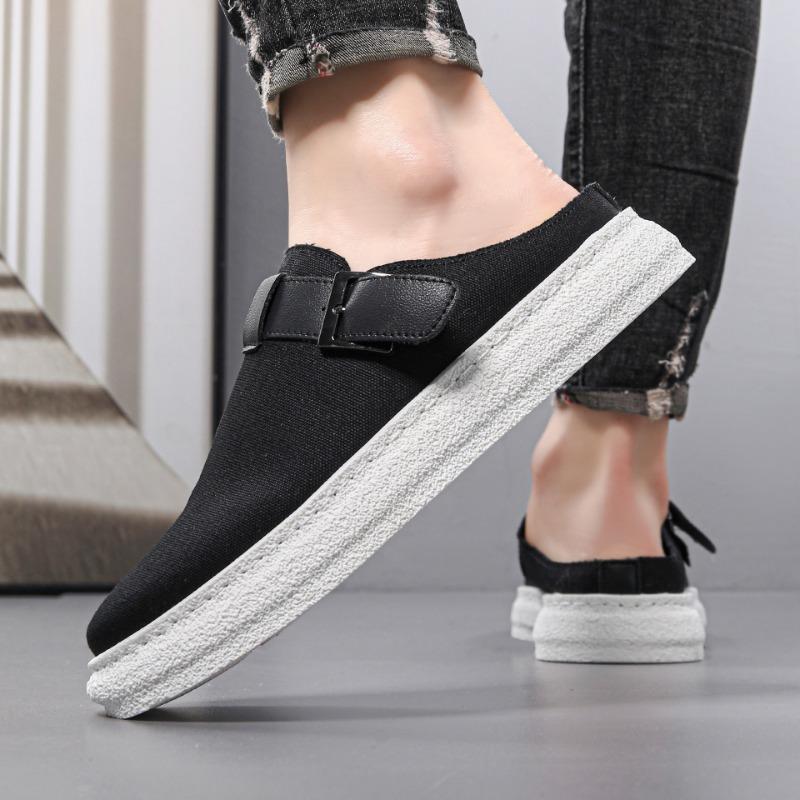 Fashion Mens Bag Head Half Slippers 2025 Summer New Canvas Flat-Bottomed Casual Shoes Trendy Mens Slippers Light Comfortable Men Sandals
