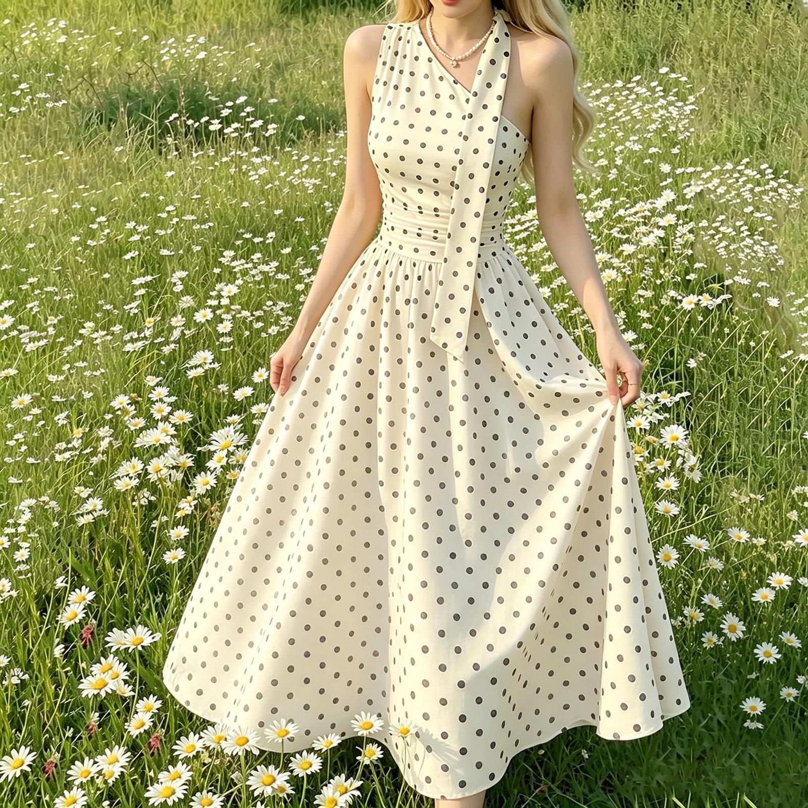 Women s Polka Dot Neck Waist-Cinching Slimming Dress Retro Elegant for Vacation Beach M