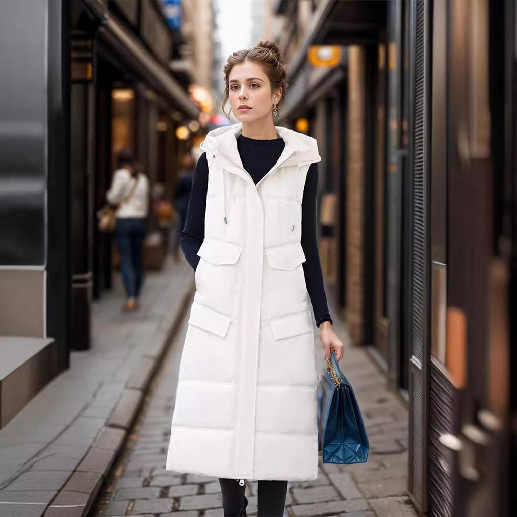 Large size long over-knee down cotton vest thickened vest hooded autumn and winter sleeveless jacket thick vest