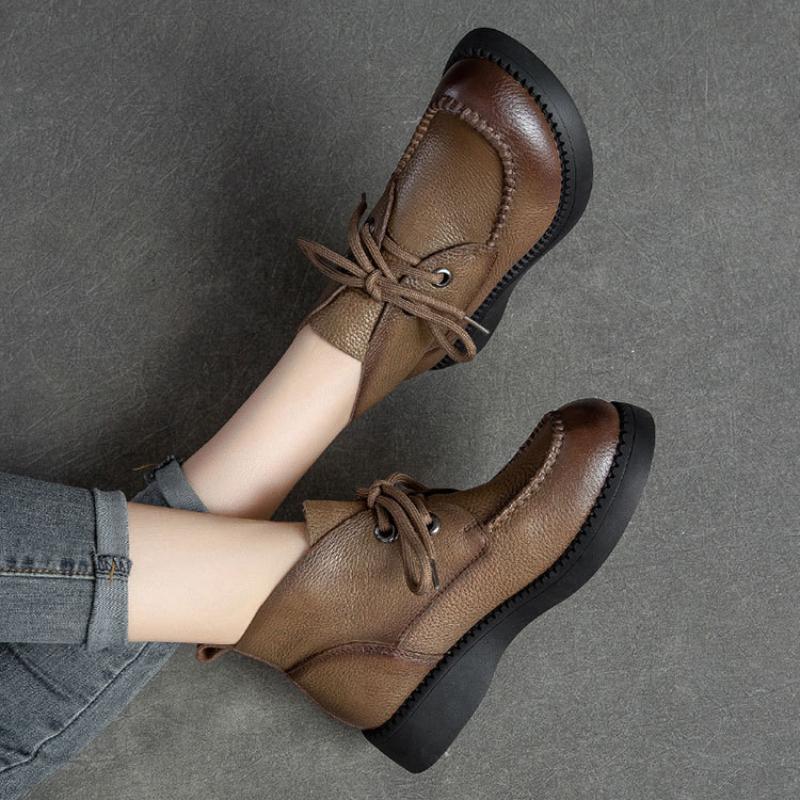 Johnature Retro Women Short Boots Genuine Leather Lace-Up Shoes Handmade Round Toe Soft Sole Flat Boots